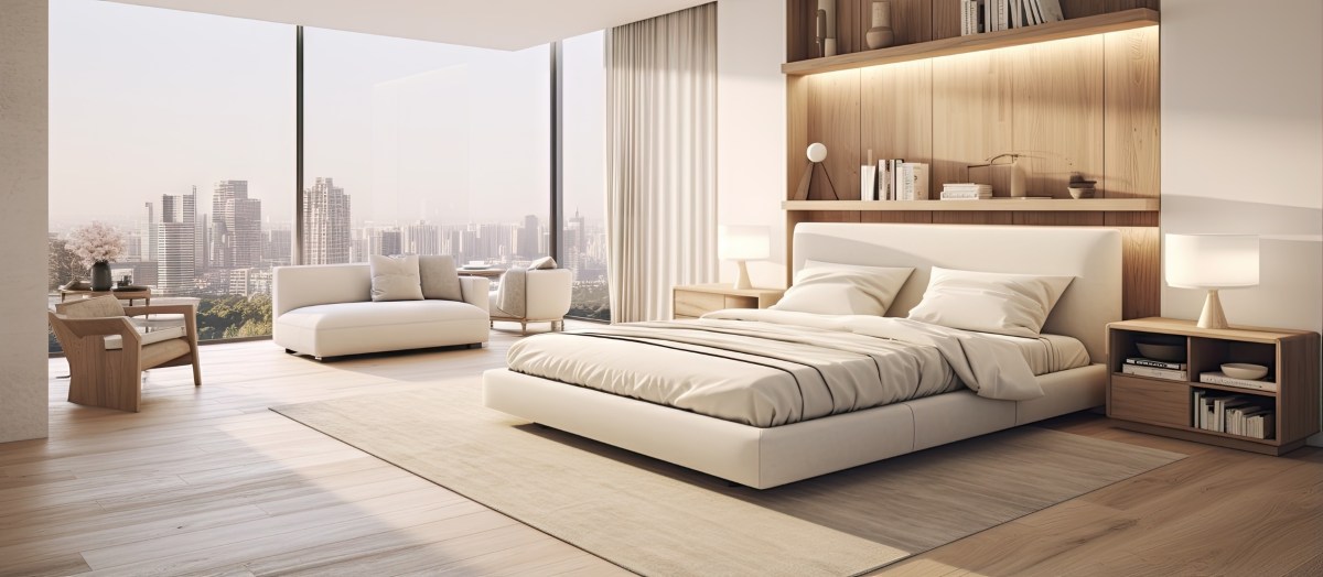 luxurious bedroom with storage space above bed